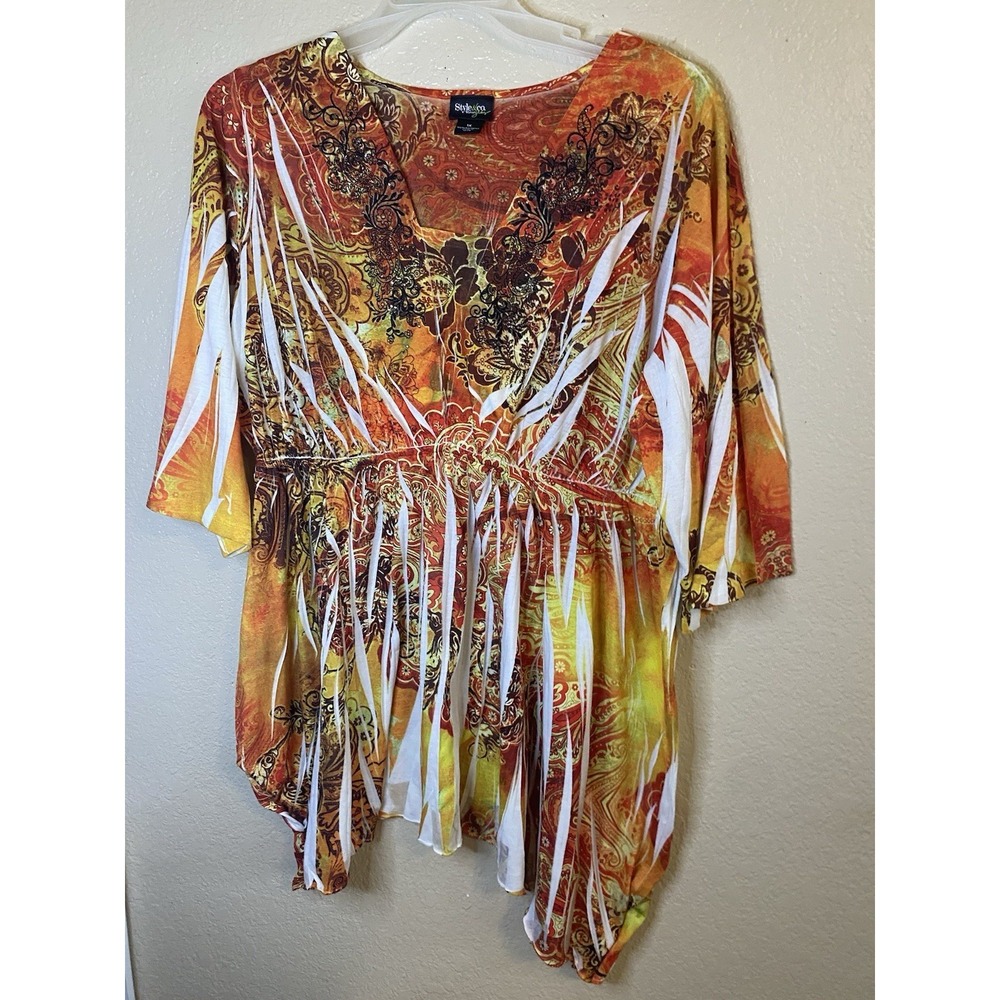 Womens Yellow V-Neck Blouse Sz XL‎ Boho Hippie